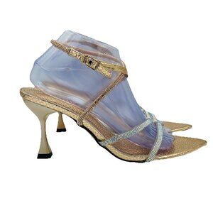 Heels Womens Size 10 Sandals Strappy Rhinestones Metallic Ankle Strap Cute Shiny